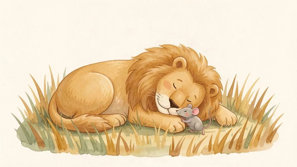 A sleeping lion in tall grass with a small grey mouse on his nose, painted in soft watercolour.