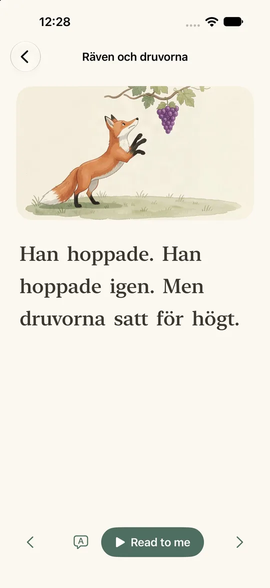 A story page with a painting of a fox jumping for grapes and the sentence Han hoppade. Han hoppade igen. Men druvorna satt för högt.