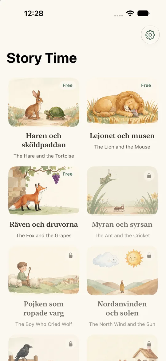 The Story Time bookshelf: painted book covers with Swedish titles and their English translations. Three are marked Free, the others show a small lock.